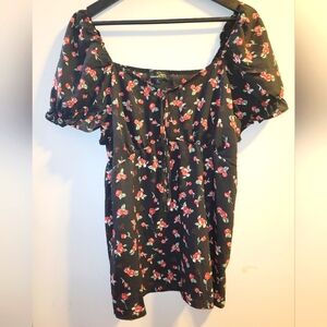 🌹 Suzanne Betro Maroon Black Rosebud Print Blouse Curved Empire Waist Ladies XL